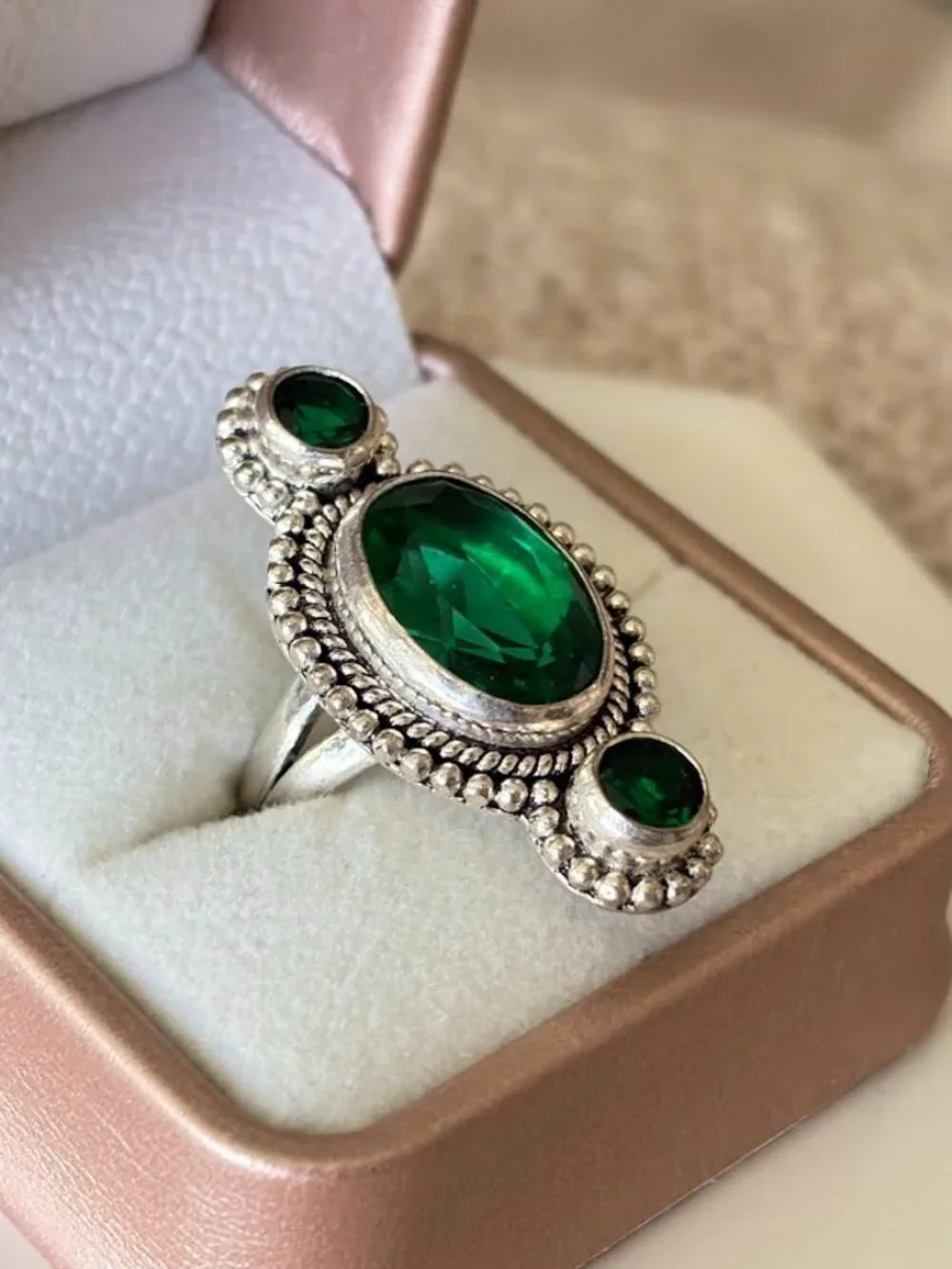 Simulated Green Peridot Three Stone Statement Ring 925 Silver Plated - Size 6.5